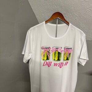 White Short Sleeve L T-Shirt with Pickle Jar Graphic “Dill With It”